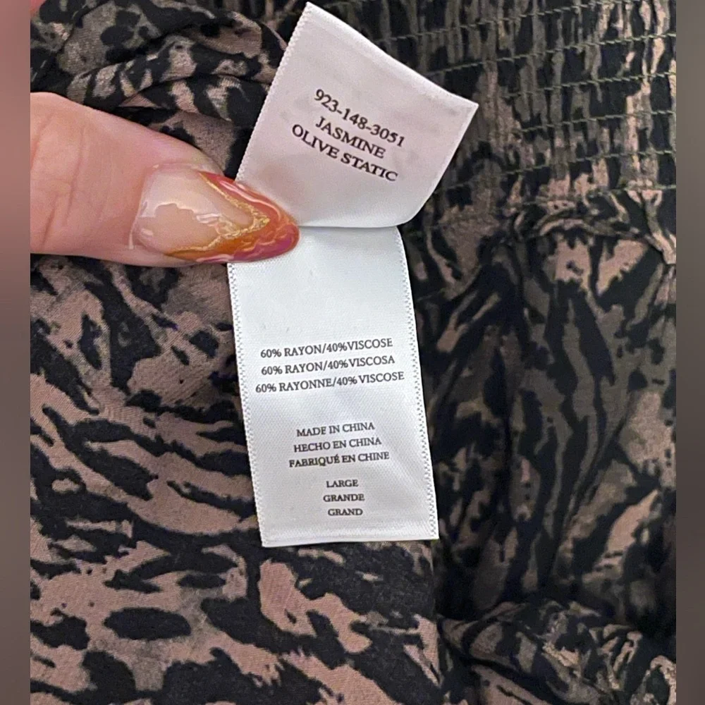 Rails Jasmine Olive Abstract print mini-dress smocked waist size Large NWT - Picture 9 of 13